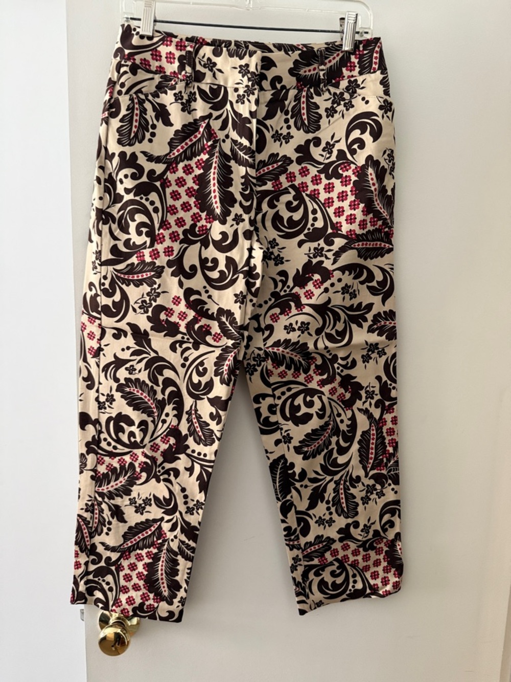 Talbots Cream Pants with Black Scroll and Red Floral Accents